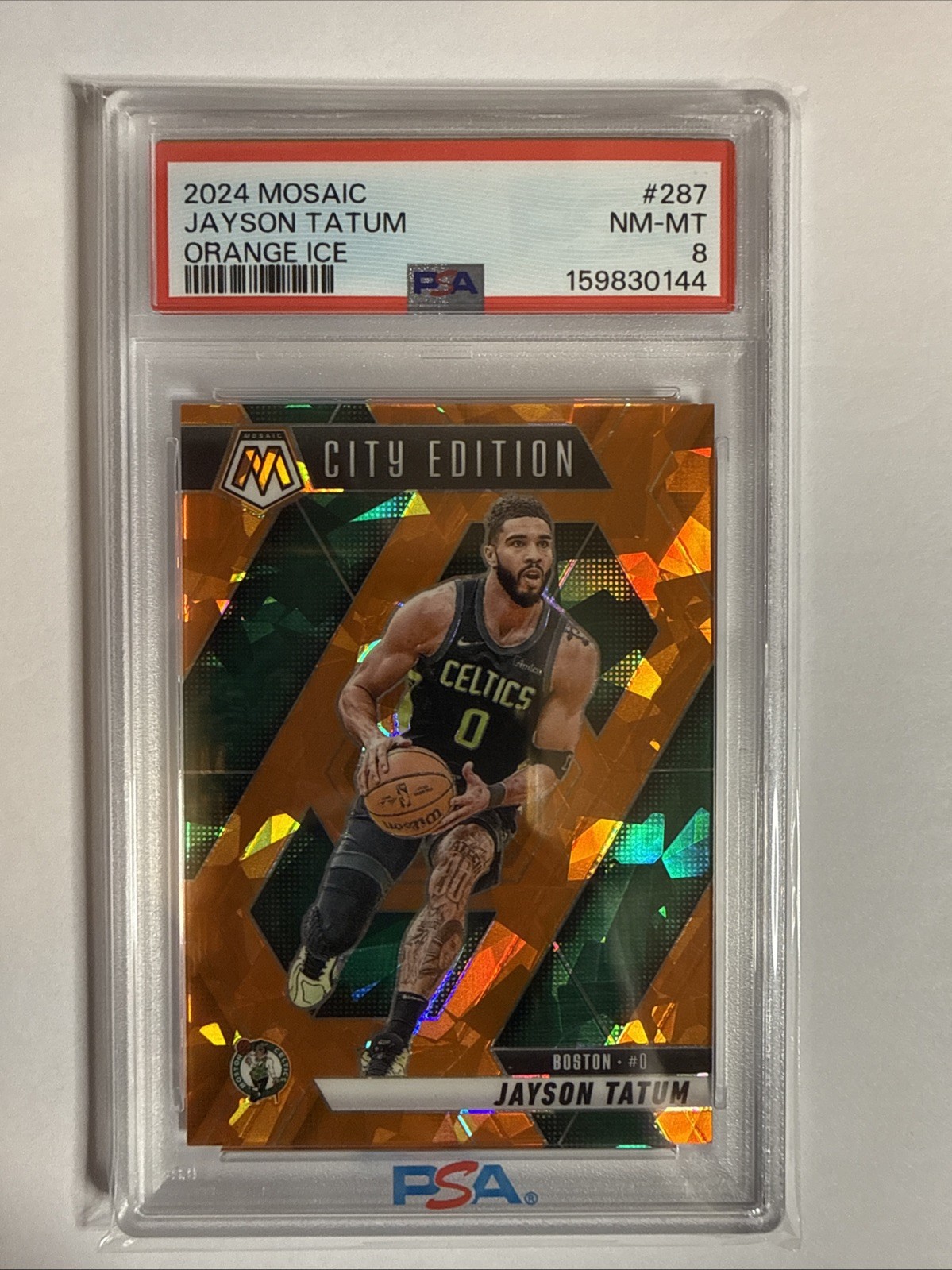 Jason Tatum 2024-25 Panini Mosaic Orange Ice Mosaic Prizm#34/49 Celtics PSA 8 view 1