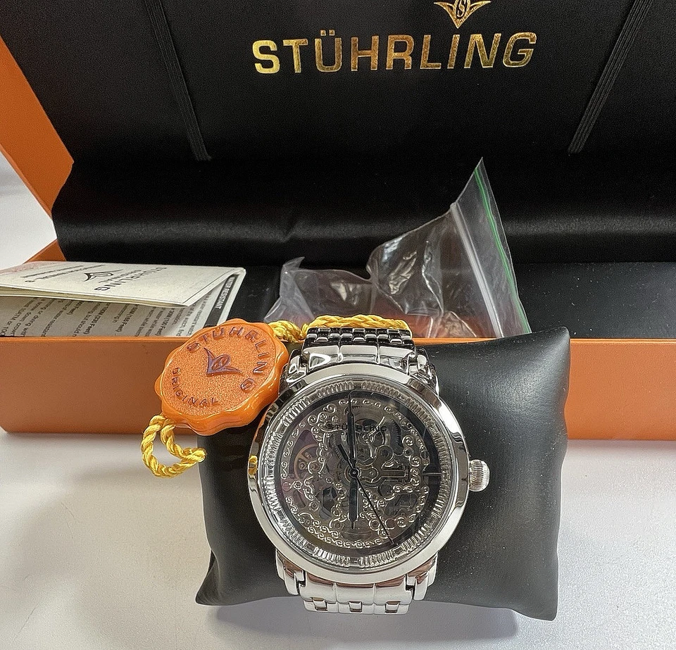 Stuhrling оригинальный мужчин серебро из нержавеющей стали часы автоматический скелет шкала новый - Изображение 4 из 4