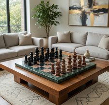 Handcrafted Green Marble Chess Board Set Elegant Game Piece for Luxury Interios