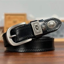 Real Leather Waist Belt Retro Carving Flower Rivet Studded Casual Punk Waistband