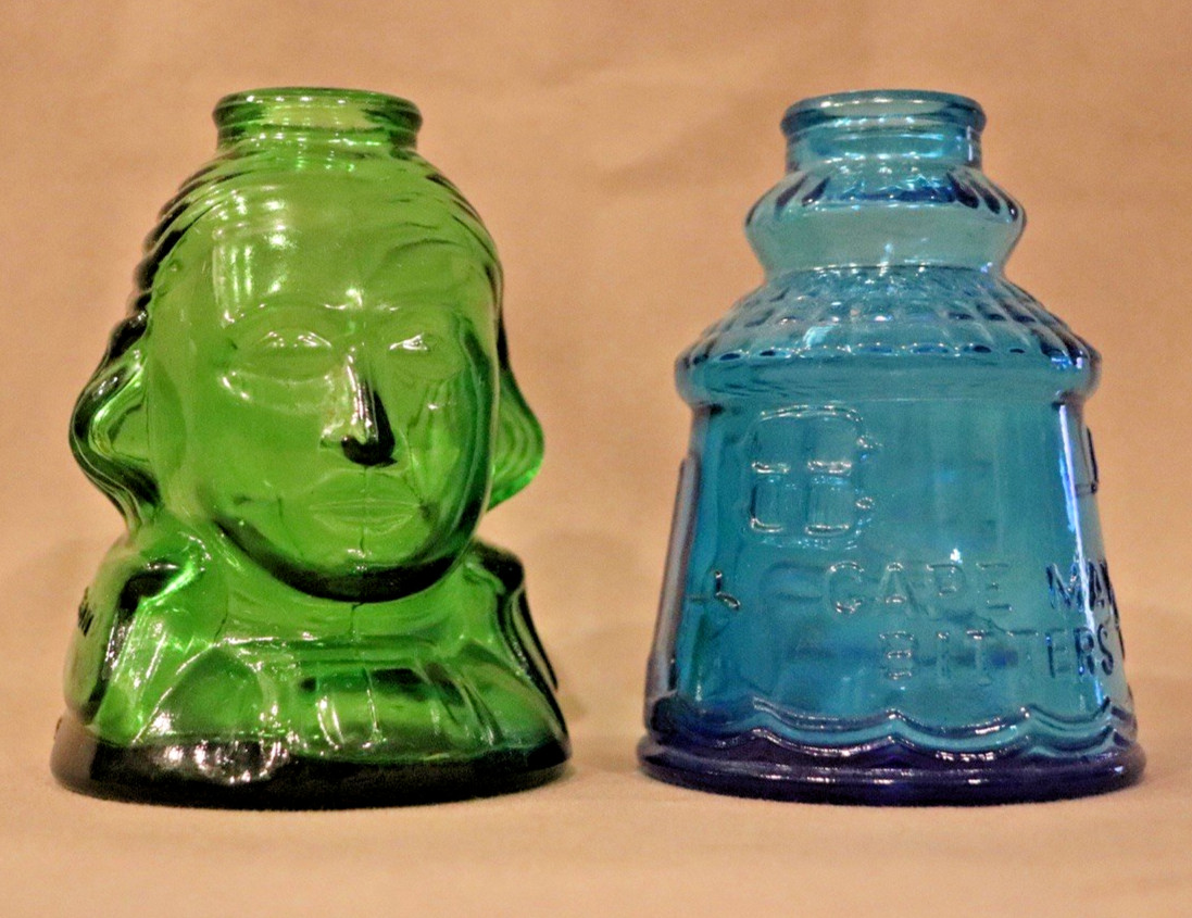 2 Vtg Inkwell Bottles Green George Washington & Blue Cape May Bitters Lighthouse
