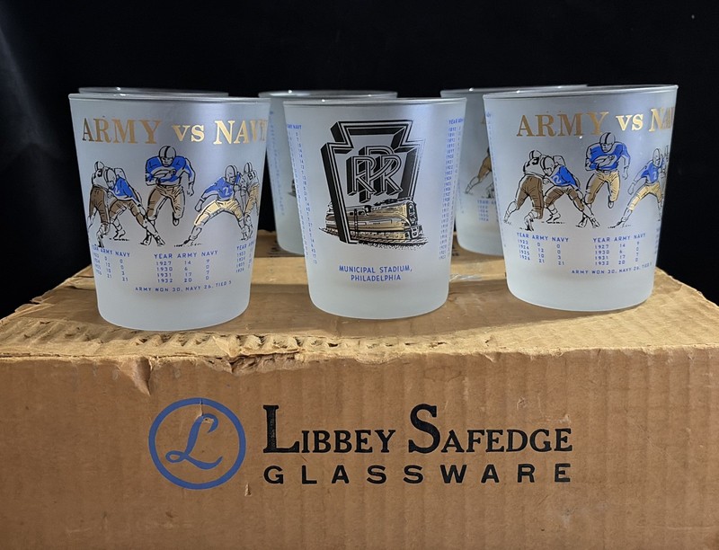 Army vs Navy Football Vintage 1890 1961  Double Rocks Glasses PRR Train Case NOS