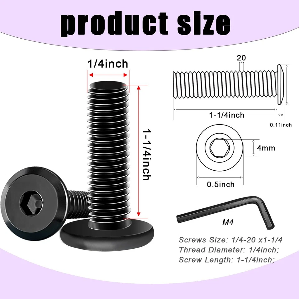 Taiss 25pcs 1/4-20 x 1-1/4" Flat Head Socket Head Screw,Furniture Bolts,Furni... - Image 2 of 4