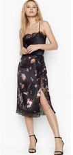 NEW VICTORIAS SECRET MIDI SLIP LACE SATIN SKIRT BLACK FLORAL SLIT 80 SMALL S