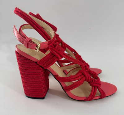 Cabi Tip Toe Hibiscus Red Block Heels Nautical Rope Sandals Womens Size 9 #6012