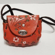 Vintage Hand Painted Tooled Orange Leather Mini Crossbody Purse Made in Mexico