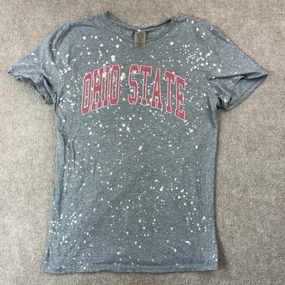 Women s Ohio State Gray Splatter Bleach Tee with Red Lettering