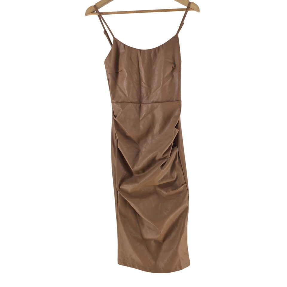 Fresh Soul Dress Womens 8 Brown Strappy Faux Leather Ruched Bodycon Midi 139198