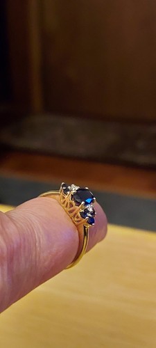 14K Weiß + Gelbgold Oval 7 Oval Saphir Solitär 2 Diamant Band Ring Gr. 9 - Bild 3 von 8