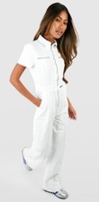 White Cargo Denim Wide Leg Jumpsuit