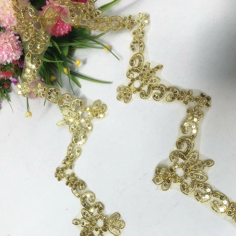 1 Yard Sequins Lace Trim Gold Flower Ribbon Applique DIY Wedding Clothing Edge - Image 4 of 4