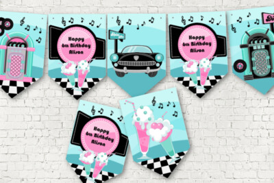 Personalisierte Retro 50er American Diner Stil Wimpelkette/Banner & Band - 3m 