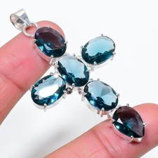 London Blue Topz Gemstone Handmade 925 Sterling Silver Jewelry Pendant Sz2.50"