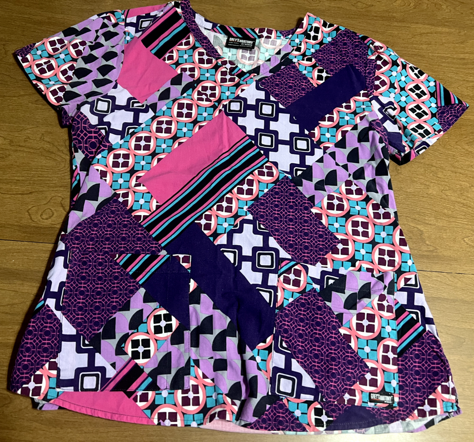 Womens Large Short Sleeve Scrub Top Purple GREYS ANATOMY BARCO Nurse