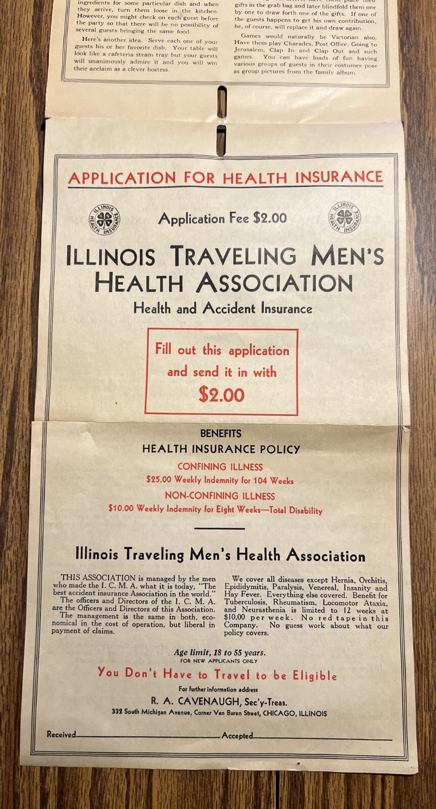 Illinois Travel Men's Health Association 1937 Calendar with Application eBay