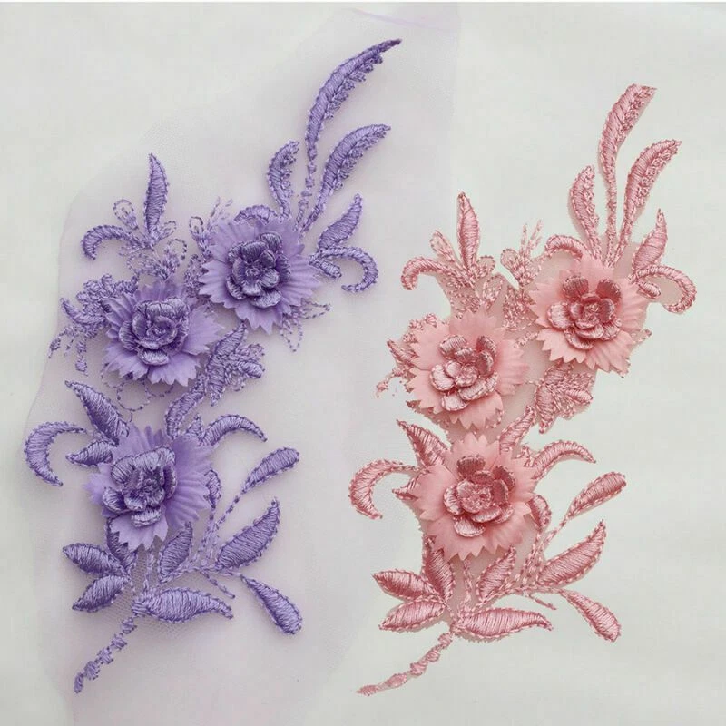 3D Flower Lace Embroidery Bridal Wedding Dress Applique Tulle DIY Beaded - Image 2 of 4