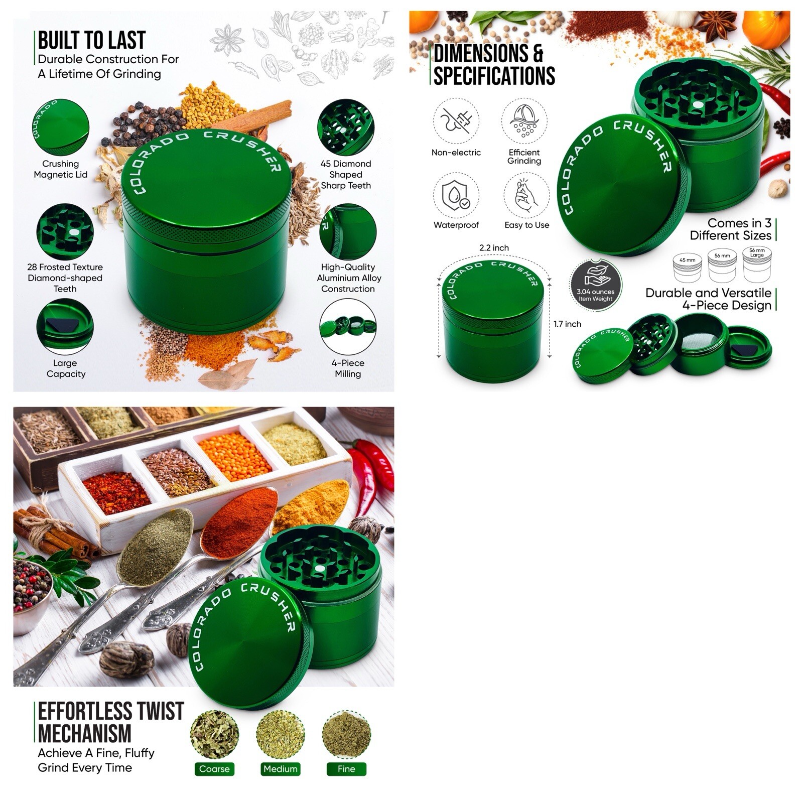 Colorado Compact 4 Piece Tobacco Spice Herb Grinder Metal Aluminum 56MM (Green)