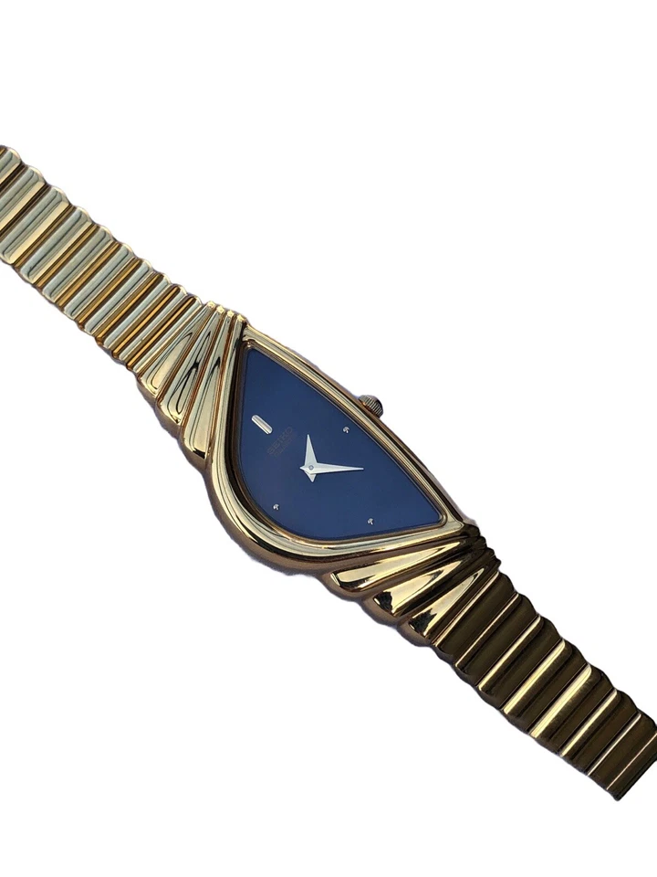 SEIKO HALF MOON Vintage Gold Tone Black Dial Women’s Watch 1N00-5E09 New Battery