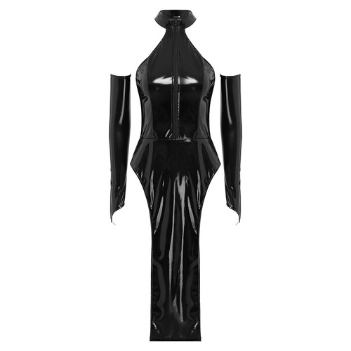 Womens Wet Look PVC Leather Mini Pleated Dress Skater Zipper Clubwear Dress - Picture 75 of 104