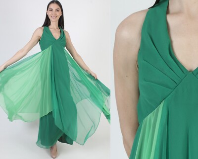 Vintage 70s Green Chiffon Party Dress Sheer Grecian Goddess Disco Cocktail  Gown