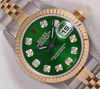 Rolex Lady Datejust 26mm Two Tone SS 18k Gold Fluted-Custom Green Diamond Dial