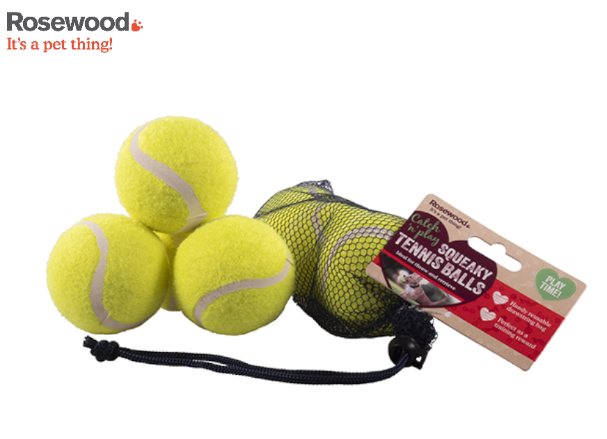 ROSEWOOD SQUEAKY TENNIS BALLS DOG PUPPY PLAY THROW FETCH PACK OF 3