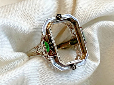Antique 14K White Gold Ring Setting 3.56g Fine Jewelry Size 8 Band Deco Enamel