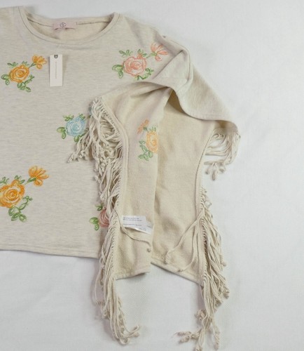 Anthropologie TP Tan Embroidered Floral Fringe Boho Cottagecore Poncho one Size - Picture 11 of 16