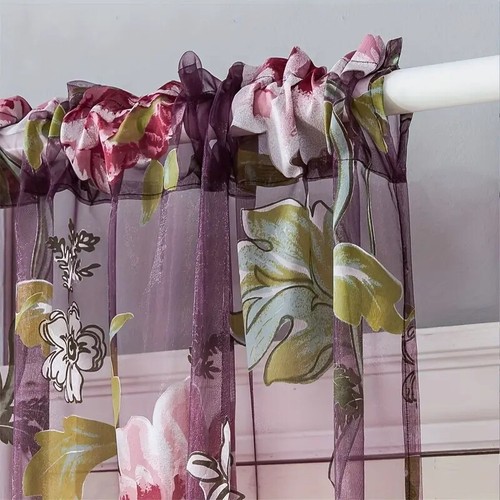 1/2pcs Floral Sheer Curtains for Kitchen Cafe Tulle Rod Pocket Top Voile Panels - Picture 5 of 24