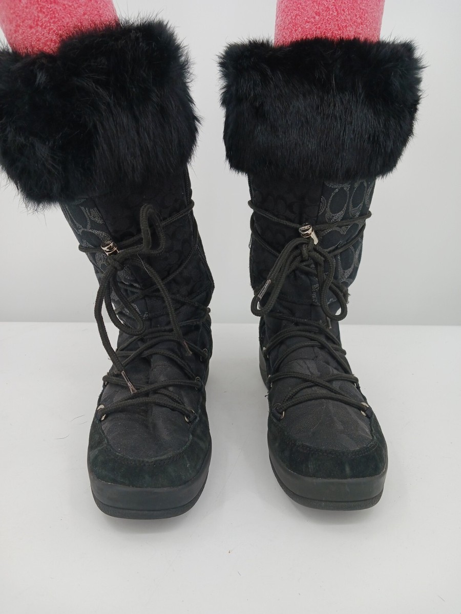 Coach Women Boot 8 Black Snow Boot Lacing Fur Trim Logo Stacked