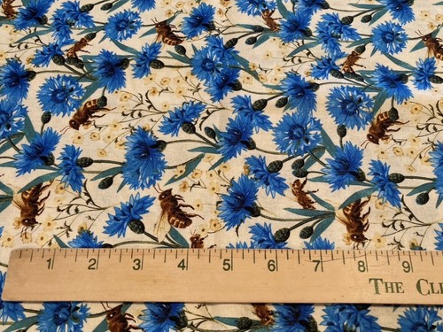 Tela de algodón de 1 yarda "azul floral con abeja" - Textiles David - NUEVO - Imagen 3 de 3