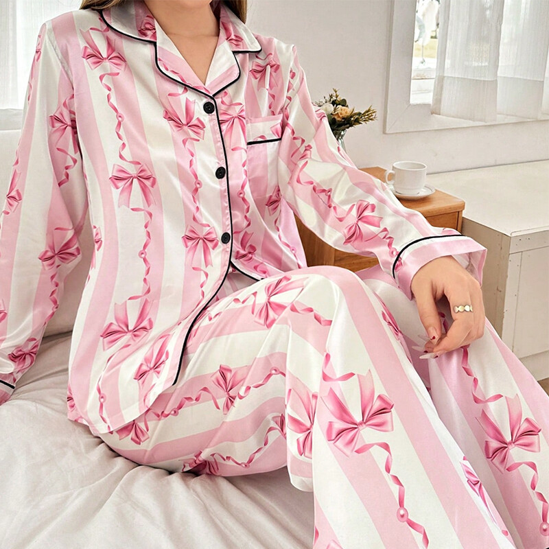 Women Silk Satin Pajamas Set Long Sleeve Button-Down Sleepwear