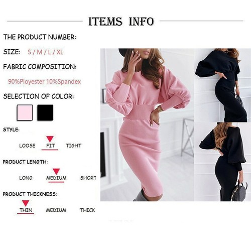 Women Puff Sleeve Bodycon Dress Maxi Dress Ladies OL Party Sweater Midi Dress - Picture 2 of 14