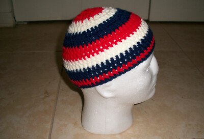 USA Red White Blue Adult Handmade Crochet Skull Cap Kufi Beanie Hat Harley Biker