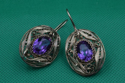 VINTAGE stone ALEXANDRITE jewelry UKRAINE russian Earrings Art SILVER 875 old - Picture 3 of 24