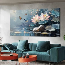 Ardemy Lotus Flower Wall Art Landscape Zen Butterfly Canvas Modern Blue Grey ...