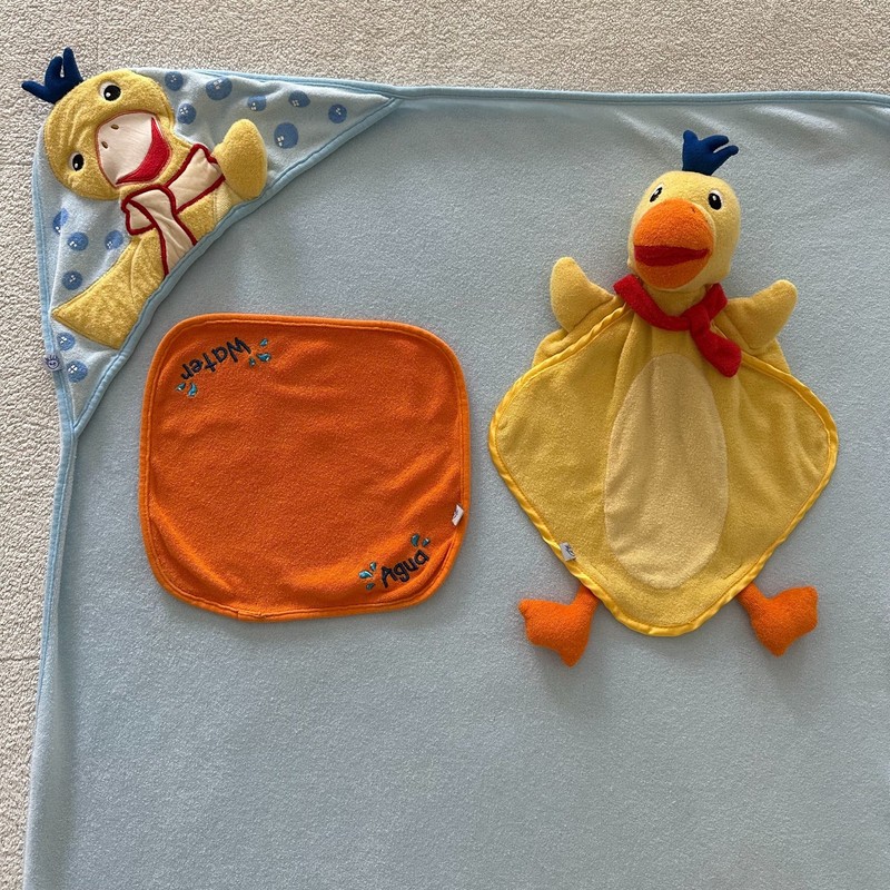3pc RARE Vtg Baby Einstein Duck Hooded Towel Washcloth Bath Puppet Set Quackamus