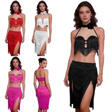 Women Dancewear Dance Set Belly Dance Outfit 3D Flower Applique Costume Halter