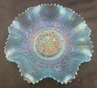 VINTAGE CARNIVAL NORTHWOOD DARK ICE BLUE HEART & FLOWERS RUFFLED BOWL RIBBED EXT