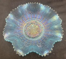 VINTAGE CARNIVAL NORTHWOOD DARK ICE BLUE HEART & FLOWERS RUFFLED BOWL RIBBED EXT