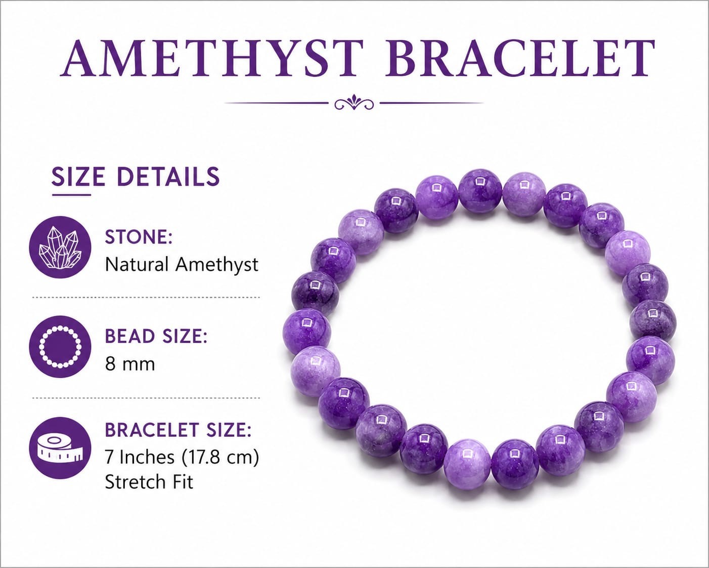 Pulsera con cuentas de amatista, piedras preciosas moradas, pulsera elástica