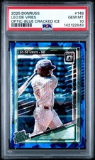 2025 Donruss #148 Leo De Vries Optic Blue Cracked Ice FOTL RC /15 PSA 10 POP 1