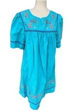 VTG Mumu House Dress Indian Cotton Blue Embroidered Floral Patio Kaftan Large