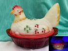 Fenton Glass Chicken/Hen on Red Basket/Nest Hand Painted Cherries-Workman Glows!