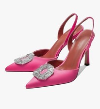 Women's Rhinestone Slingback Pumps Pointed Toe Satin Crystal Stiletto High Heels