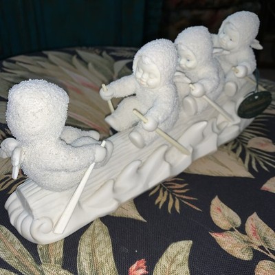 Department 56 Snowbabies Pull Together 4 Babies Rowing Team Waves Log Oars 68924