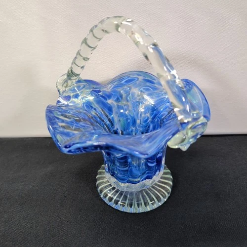 Murano Art Glass Cobalt Blue & White Ruffle Brides Basket Applied Handle VINTAGE