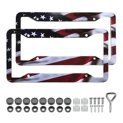 American Flag License Plate Frame Holder - 2 Pack Universal Aluminum Matte St...