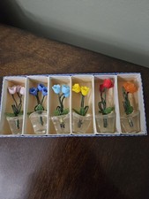 Czechoslovakia Glass Beaded Vintage Place Card Holders Set of 6 - Tulips