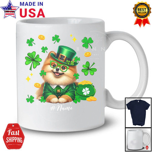 Custom Name Pomeranian Glasses; Amusing St. Patrick's Day Shamrock T-Shirt - Picture 3 of 7